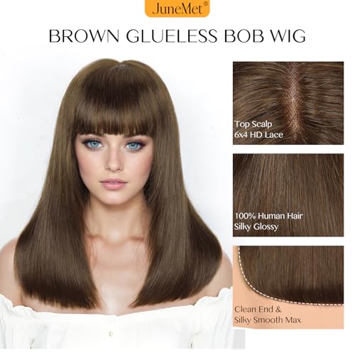 Image of 6x4 Lace Brown Bob Human Hair Wig with Bangs human hair wigs for white women Layered Lace Front Closure Curtain Bangs Wear and Go Glueless 100% Real Human Hair Wigs for White Women 16 Inch