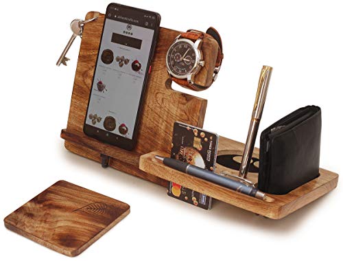GIFTS FOR MOM - ABHANDICRAFTS Mango Wood Docking Station Men Nightstand Organizer Wallet Stand, Keys, Coins and Pen Watch Holder Charging Station Husband Gifts from Wife, for Dad