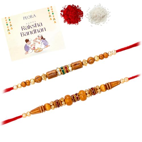 Image of Peora Rakhshabandhan Thread Rakhi for Brother Bhaiya | Kundan Beads & Crystal Studded | Combo Set of 2 | Rakhi Hamper Roli Chawal & Greeting Card