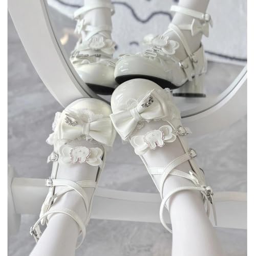 Cute Lolita Mary Jane Shoes for Women Cute Bunny Bow with Lace Trim and Round Toe Low Cat Paw Heel4