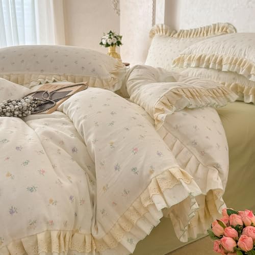 Image of VM VOUGEMARKET Flower Duvet Cover Set Queen Romantic Ruffles Lace Bedding Set Soft Muslin Cotton,Breathable Linen Like Gauze Comforter Cover with Zipper Closure 90 inchx90 inch