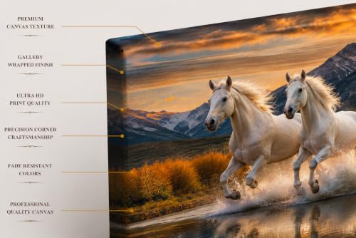 Image of 7 Horse Vastu Sunrise Canvas Painting | Positive Energy Wall Decor | Big Size Premium Running Horses Artwork for Home, Office & Hall Decoration (Modern, Hills White, 44x20 Inch)