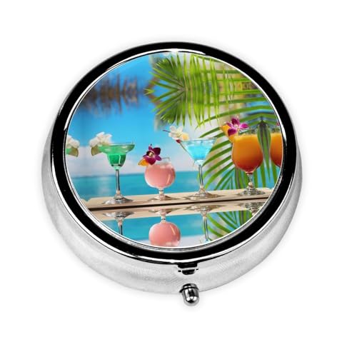 3 Compartment Tropical Beach Drink Pill Box for Pocket Or Wallet Pill Box, Decorative Metal Vitamin Organiser, Unique Gifts