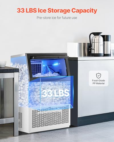 VEVOR 90lbs/24H Commercial Ice Maker Machine with Drain Pump, 33lbs Storage Capacity Ice Maker, 50 Ice Cubes in 15 Minutes, LED Digital Display Freestanding Self-Cleaning for Bar Office Restaurant