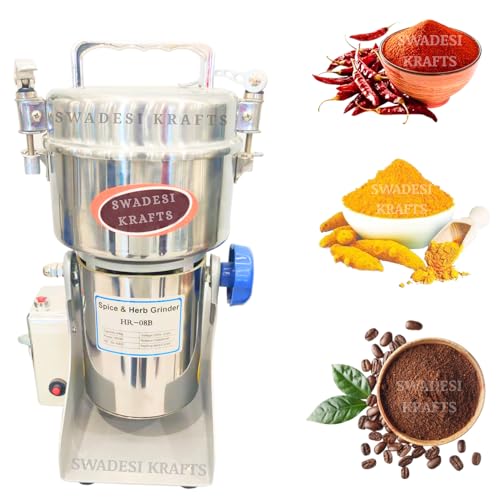 SWADESI KRAFTS Instant Masala Grinder Stainless Steel Body with 1800-Watt Motor Commercial Spice Grinder Size 9”X9.5”X15.5” Inch (LXWXH) is Used to Grinding Spices SWADESI KRAFTS Instant Masala Grinder Stainless Steel Body with 1800-Watt Motor Commercial Spice Grinder Size 9”X9.5”X15.5” Inch (LXWXH) is Used to Grinding Spices