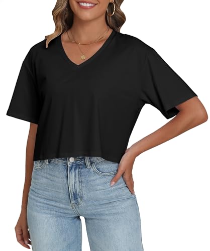 PRIMODA Women's Oversized Crop Tops Boxy V Neck Short Sleeve Cropped T Shirts Loose Summer Workout Crop Tee Tops (Black L)