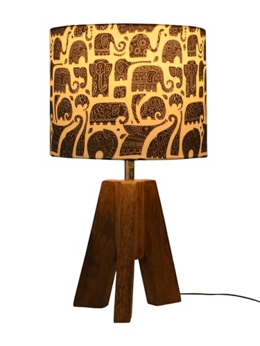 Image of Green Girgit Decorative Tri-Leg Stand Wooden Table Lamp with Black Elephant Multicolor Shade | Bedside & Reading Night Lamp for Bedroom, Living Room & Home Decor | Warm Ambient Light | 34.3 x 19.1 cm