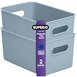 Superio Ribbed Collection - Decorative Plastic Open Home Storage Bins Organizer Baskets, Medium Blue (2 Pack) Container Boxes for Organizing...