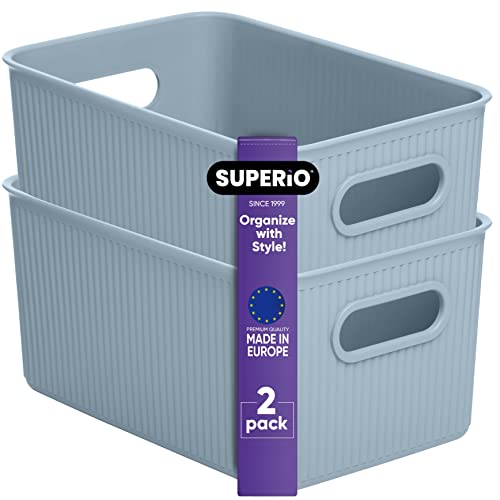 Image of Superio Ribbed Collection - Decorative Plastic Basket Open Home Storage Bins Organizer, Medium Blue (2 Pack) Container Boxes for Organizing Closet Storage Bins for Shelves Drawer Shelf 5 Liter