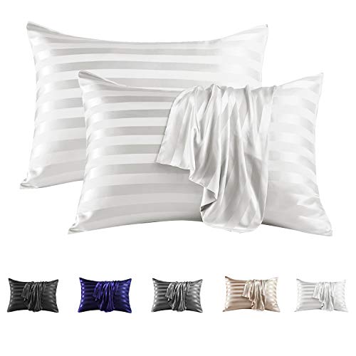 Image of MR&HM Satin Pillowcase for Hair and Skin, Silk Satin Pillowcase 2 Pack, Queen Size Pillow Cases Set of 2, Silky Pillow Cover with Envelope Closure (20x30, Ivory Striped)