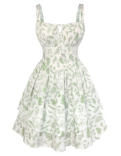 Image of Scarlet Darkness Floral Mini Corset Dress for Women Teen 2026 Summer Spring Flowy A-Line Sundress with Pockets Green Leaf Pattern XL