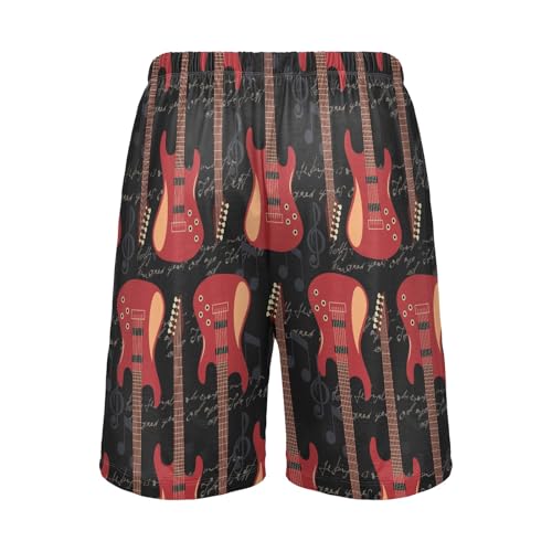 Pigsaly Pajama Shorts Vintage Red Electric Guitar Men's Pajama Bottoms Music Notes Rock Sleep Pajama Drawstring Shorts L2