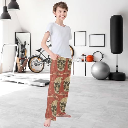 Boy's Pants Retro Skull Pattern Jogger Pants Elastic Waist Long Bottoms Trousers with Pockets 6-14 Years 6