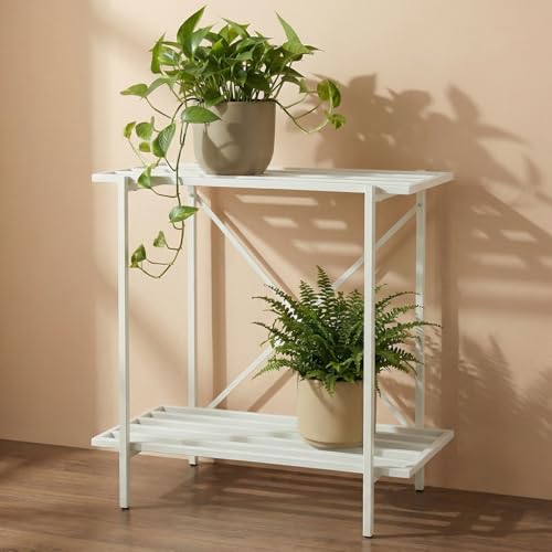 Image of ecofynd Eric Plant Stands for Outdoor Balcony, Flower Pot Stand for Indoor Plants, Large Metal Planter Stand for Living Room, home decor, Indoor & Outdoor plants, 2 Tier, (26 Inch, PS050-WHT)