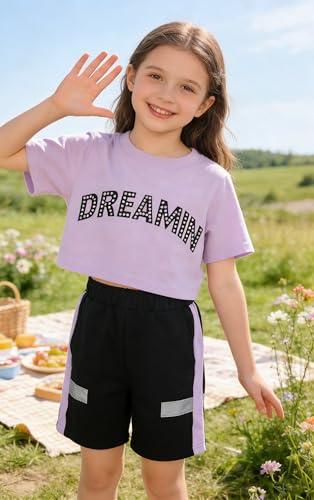 Image of Girls 3 Piece Summer Outfits Letter Print Crop Top Cami and Shorts Set Purple Black 9-10 Years