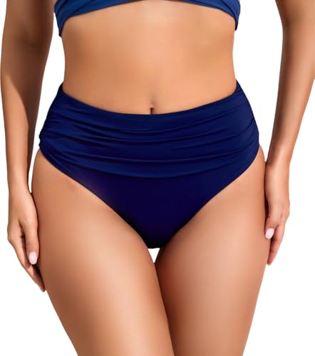 Image of COCOPEAR Full Coverage Bikini Bottoms for Women Mid Rise Bathing Suit Bottoms for Women Ruched Tummy Control Swim Bottoms