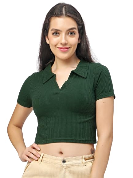 tickled pink Womens & Girl's Stylish Solid Polo Collar Short Sleeves Crop T-Shirt, Tops,Crop Tanks & Trendy Tops-picture-49