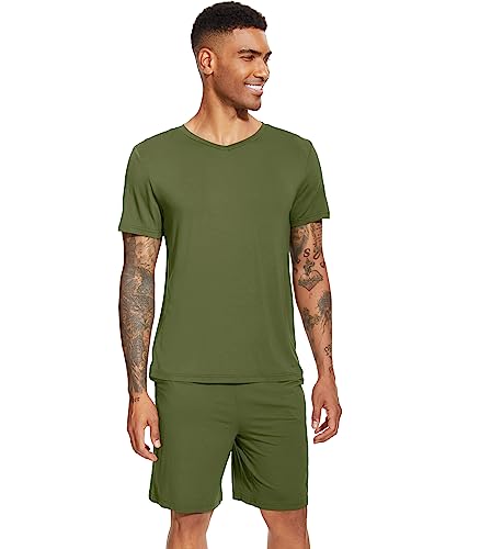 WiWi Mens Pajamas Set Soft Short Sleeve Pj Sleepwear Top and Shorts Pajama Sets Loungewear-Viscose from Bamboo S-3X4