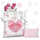 Coquette Pink Bow Canvas Tote Bag - 3 PCS Pink Bow Cotton Preppy Canvas Bag Set with Pink Plaid Makeup Bag and Cute Mini Bag, Reusable Grocery Shopping Bag, Coquette Stuff Tote Bag Gifts for Girls