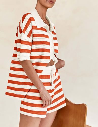 Image of PRETTYGARDEN Women's 2 Piece Shorts Sets Casual Summer 2025 Short Sleeve Striped Sweater Set Matching Beach Vacation Outfit