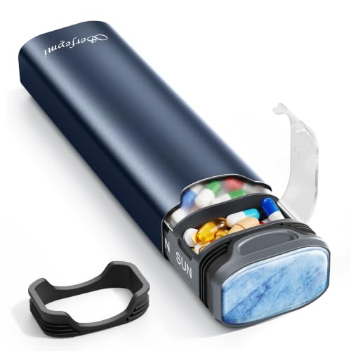Weekly Pill Boxes 7 Day 1 Times A Day Serfeymi Metal Pill Organiser(Spare Gasket Provide) Travel Tablet Dispenser Daily Pill Case Dosette Box Medicine Holder for Medication Supplement(Indiv Lid)-Blue