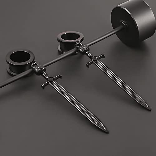Doearko 2Pcs Ear Gauges Cool Sword-Pendant 316 Hypoallergenic Stainless Steel Dangle Ear Plugs Tunnels Gauges Stretcher Piercing Body Jewelry (8Mm(0G), Black) #TOP3