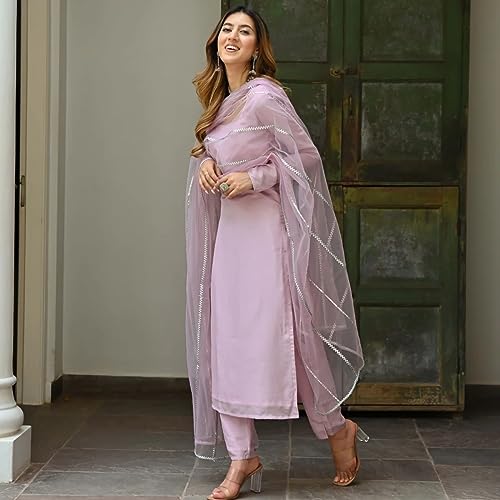 Image of GoSriKi Women's Cotton Blend Straight Solid Kurta with Pant & Dupatta