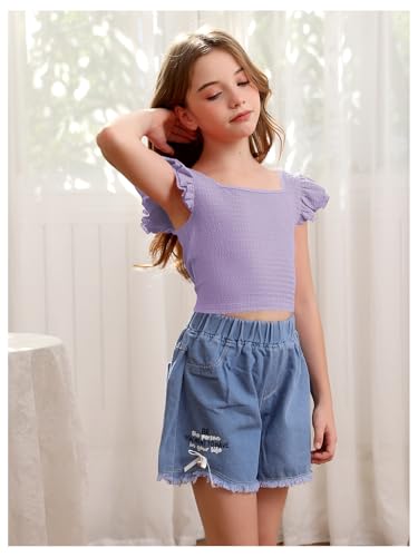 Image of OYOANGLE Girl's Casual Solid Ruffle Trim Cap Sleeve Square Neck Cute Crop Tank Tops T-Shirts