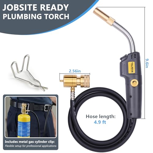 Image of Propane Torch Kit with 4.9-Ft Hose, Adjustable Flame for HVAC | Brass Blow Torch Head 2527F, Propane & MAPP Gas Compatible, Self-Igniting for Easy Startup