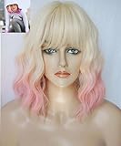 Short Curly Pink blonde Ombre wig for women bob Synthetic hair14inches Halloweencostume wig with bangs for Women and Girl (Blonde with Pink)