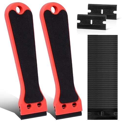 2PCS Plastic Scraper Tool Set with 100 Replaceable Non-Metal Scraping Edges EVA Handle Sticky Adhesive Remover for Glass Window Car Oven & Household Cleaning