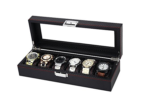 Mkuha PU Caja para Relojes con 6 cuadrícula Reloj Caja con Vidrio,33 x 11.5X 8cm