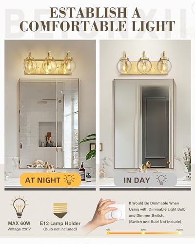 Image of Beionxii Bathroom Vanity Light, 3-Light Brushed Gold Bathroom Light Fixtures, Modern Vanity Lights with Clear Glass Shade, Wall Sconces Lighting Over Mirror Living Room Hallway, BX-VL03BG-3CG
