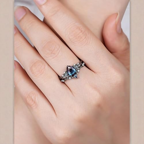 Black Gold Pear Cut Alexandrite Engagement Ring Set, Witchy Rhodium Black Promise Gifts, Gothic Black Wedding Personalized Ring Bridal Set3