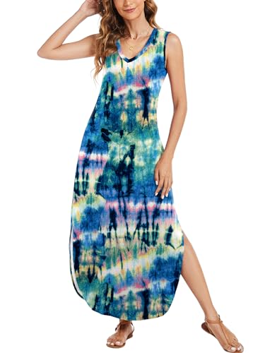 Image of Arolina Maxi Dress for Women Tropical Summer V Neck Sleeveless Split Long Beach Dresses Casual Loose Sundress with Pockets
