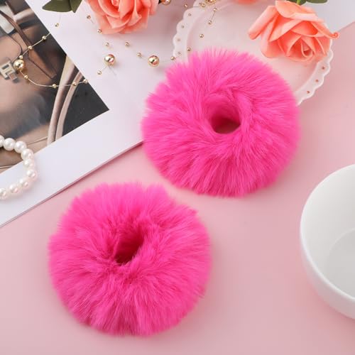 Lusofie 2Pcs Hot Pink Pompom Hair Tie Furry Faux Rabbit Fur Fuzzy Scrunchies Hot Pink Fuzzy Hair Ties Baby Hair Ties Ponytail Holders Pom Hair Accessories for Girl Women