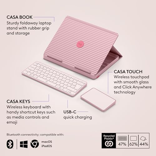 Logitech Casa Pop-Up Desk Laptop Stand, USB C Charger Cable, Bluetooth, Wireless Keyboard with Touchpad for Tablet, Laptop, Chromebook, MacBook 10 Inch to 17 Inch, QWERTY UK English Layout - Pink