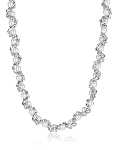 Pearl Chain Necklace for Women, Valentine's Day Mother's Day Jewelry Gifts for Her, White Silver Gold Plated Stainless Steel Link Faux Beads, Bridal Wedding Anniversary Birthday Christmas