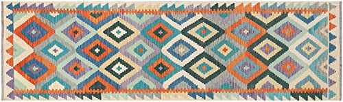 Tapis Maimana Kelim afghan multicolore géométrique de format 80x300 cm - 2