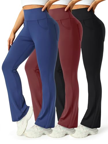 Mlenhor 3 Packs Womens High Waist Flare Pants-Flare Yoga PantsYoga Pants with Pockets - High Waist and Wide Leg (US Alpha X-Large Regular Regular 3 Pack-Navy Blue/Burgundy/Black)