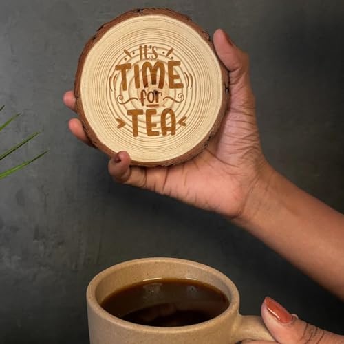 Image of Giftana Wooden Coaster Set with Engraved Quote - inchIt's Time for Tea inch Round Coasters for Home & Office, Eco-Friendly, Non-Slip Drink for Dinning Table, 4 Inches Diameter- Set of 2