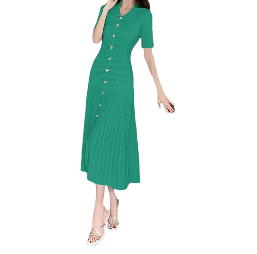 Dndrdhfb Womens Single Breasted Knitted Long Dress Office Short Sleeve Pleated Dress Long Vest Skirt