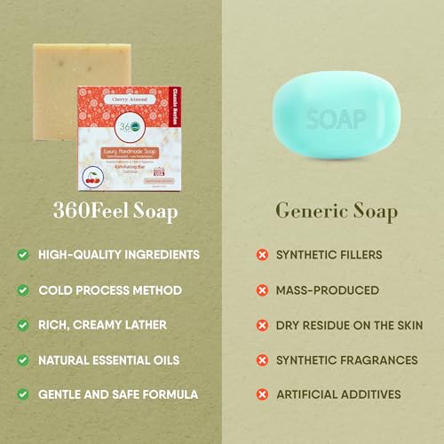 Image of 360Feel Handmade Castile Soap - Cherry Almond Soap, 5 oz | Made in The USA, Cold Processed, Rich, Creamy Lather - Infused with Refreshing Cherry Almond Essential Oil for Soothing Scent