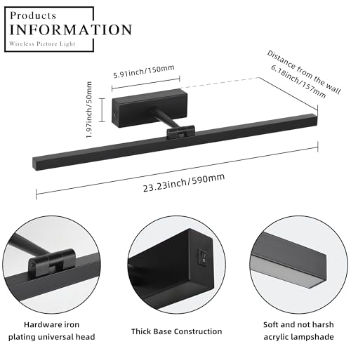 Image of Joosenhouse Battery Operated Picture Light, Wireless Gallery Light with Remote Control and Timer Off, 10000mAh Rechargeable Painting Art Light, 23.23 Inch Dimmable Black Wall Sconce