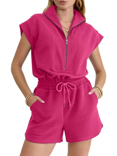 Image of Rompers for Women Summer Short Sleeve Half Zip Lapel Collar Jumpsuit Casual Drawstring One Piece Outfits with Pockets