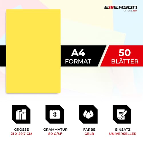 Emerson farbiges Druckerpapier Kopierepapier gelb A4 50 Blatt | 80 g/m2 210 x 297 mm | Drucker: Laser, Inkjet, Fotokopie, Fax | Vielseitiges Papier zum Kopieren, Basteln