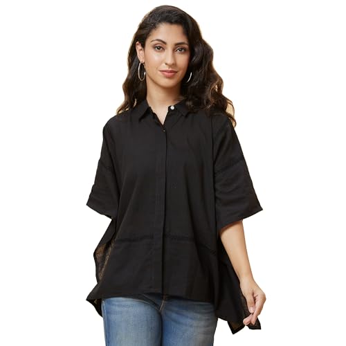 Image of Globus Women Solid Shirt Collar Lace Inserts Kaftan Tunic