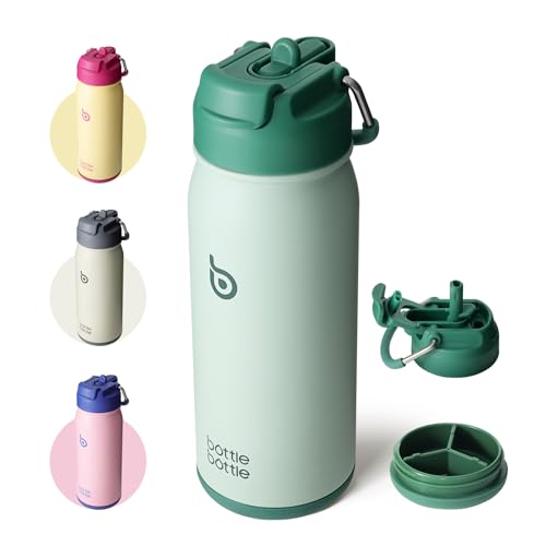 BOTTLE BOTTLE 16 oz sports water bottle stainless steel insulated kids water bottle with straw and pills holder for gifts and school（green）