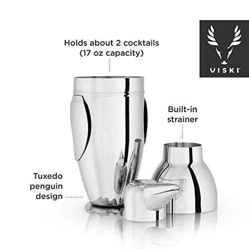Viski Penguin Cocktail Shaker with Strainer, Stainless Steel Shaker Bottle, Bar Essentials, Home Bartender Shaker and Strainer Set, 17 oz. - Image 3