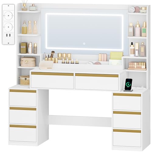 HEXCELEN 135 cm Tocador Grande, Tocador de Maquillaje con Luz LED, Grande Espejo, Mesa de Maquillaje con Prácticas Tomas de Corriente, 8 Cajones, Estantes Abiertos Mesa, Blanco-Dorado